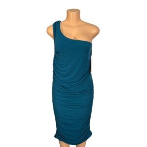 Emerald Sundae One Shoulder Ruched‎ Bodycon Midi Dress Teal Size 14